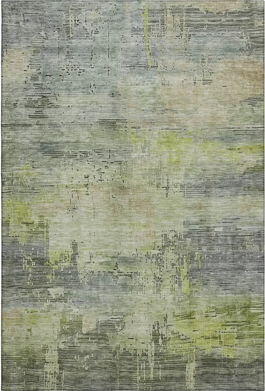 Artichoke Green Charcoal And Silver Abstract Washable Area Rug With UV Protection Photo 1