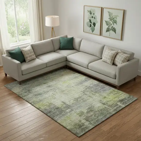 Artichoke Green Charcoal And Silver Abstract Washable Area Rug With UV Protection Photo 2