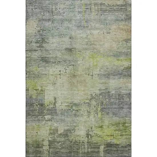 Artichoke Green Charcoal And Silver Abstract Washable Area Rug With UV Protection Photo 1