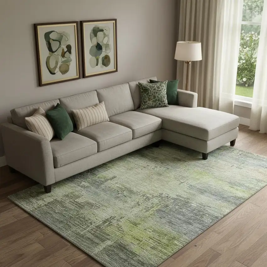 Artichoke Green Charcoal And Silver Abstract Washable Area Rug With UV Protection Photo 2