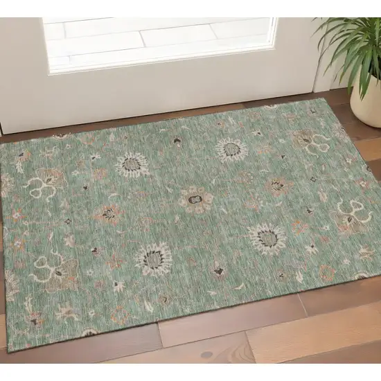 Artichoke Green Copper And Beige Floral Washable Area Rug With UV Protection Photo 1