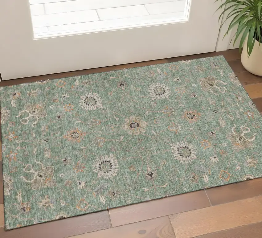 Artichoke Green Copper And Beige Floral Washable Area Rug With UV Protection Photo 1