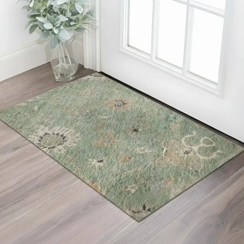 Artichoke Green Copper And Beige Floral Washable Area Rug With UV Protection Photo 2
