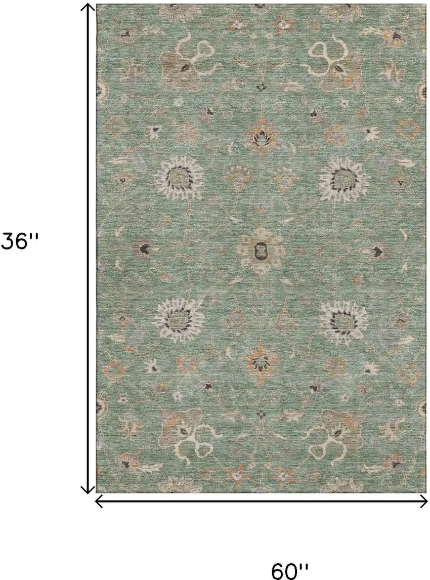 Artichoke Green Copper And Beige Floral Washable Area Rug With UV Protection Photo 9
