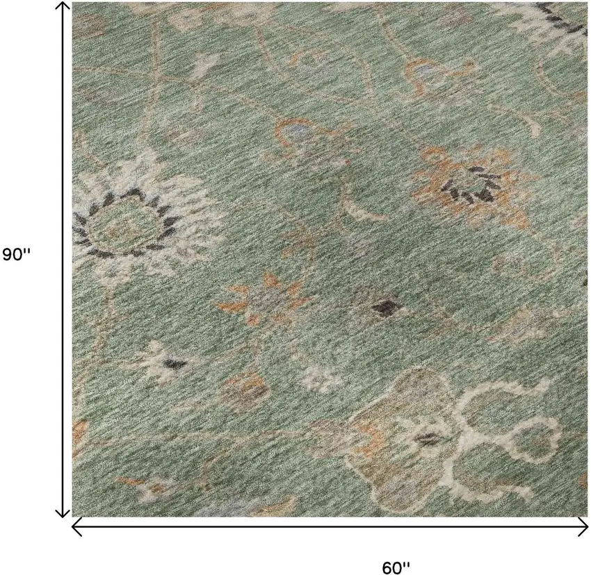 Artichoke Green Copper And Beige Floral Washable Area Rug With UV Protection Photo 5