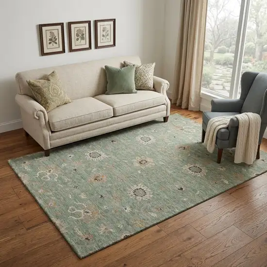 Artichoke Green Copper And Beige Floral Washable Area Rug With UV Protection Photo 1