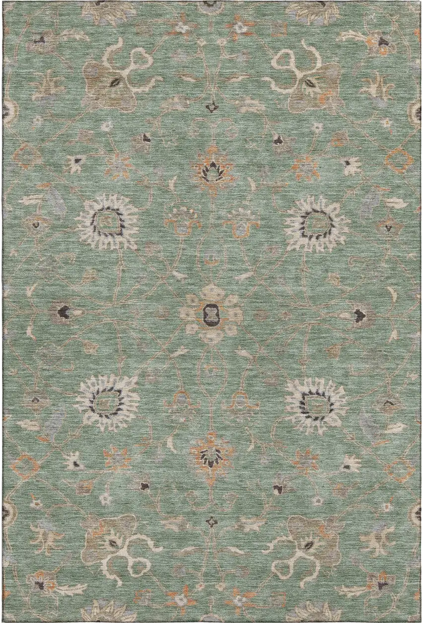 Artichoke Green Copper And Beige Floral Washable Area Rug With UV Protection Photo 7