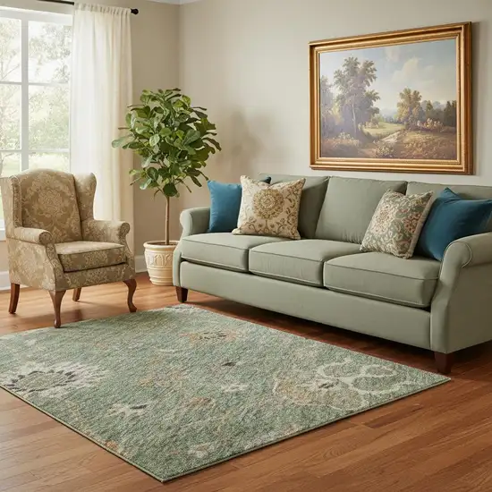 Artichoke Green Copper And Beige Floral Washable Area Rug With UV Protection Photo 2