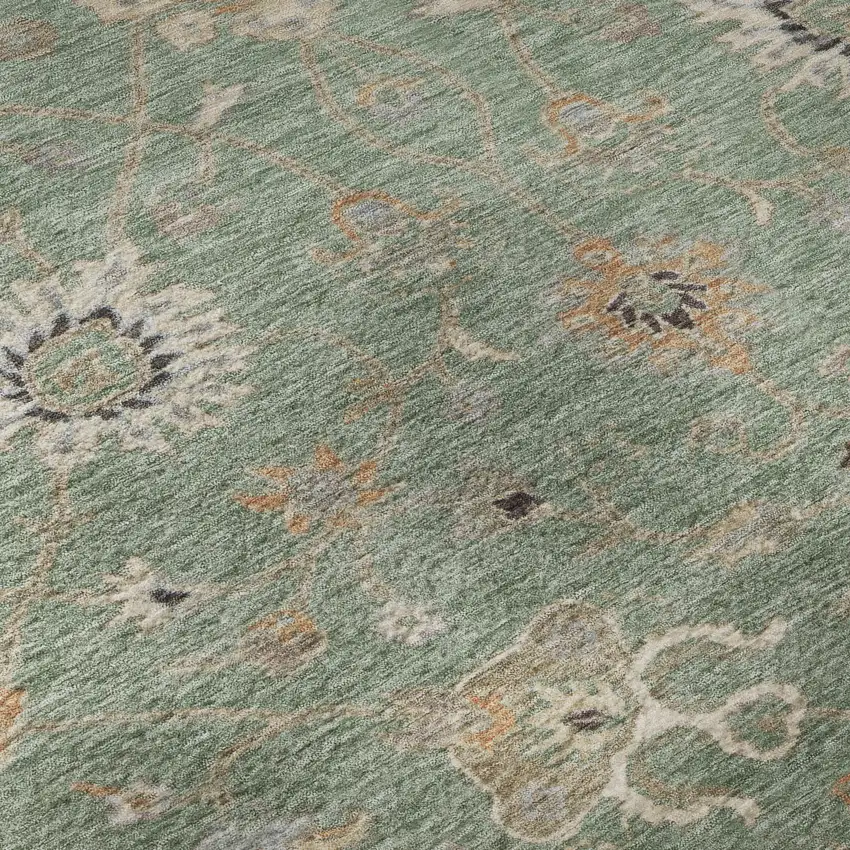 Artichoke Green Copper And Beige Floral Washable Area Rug With UV Protection Photo 1