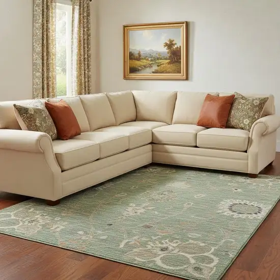 Artichoke Green Copper And Beige Floral Washable Area Rug With UV Protection Photo 2