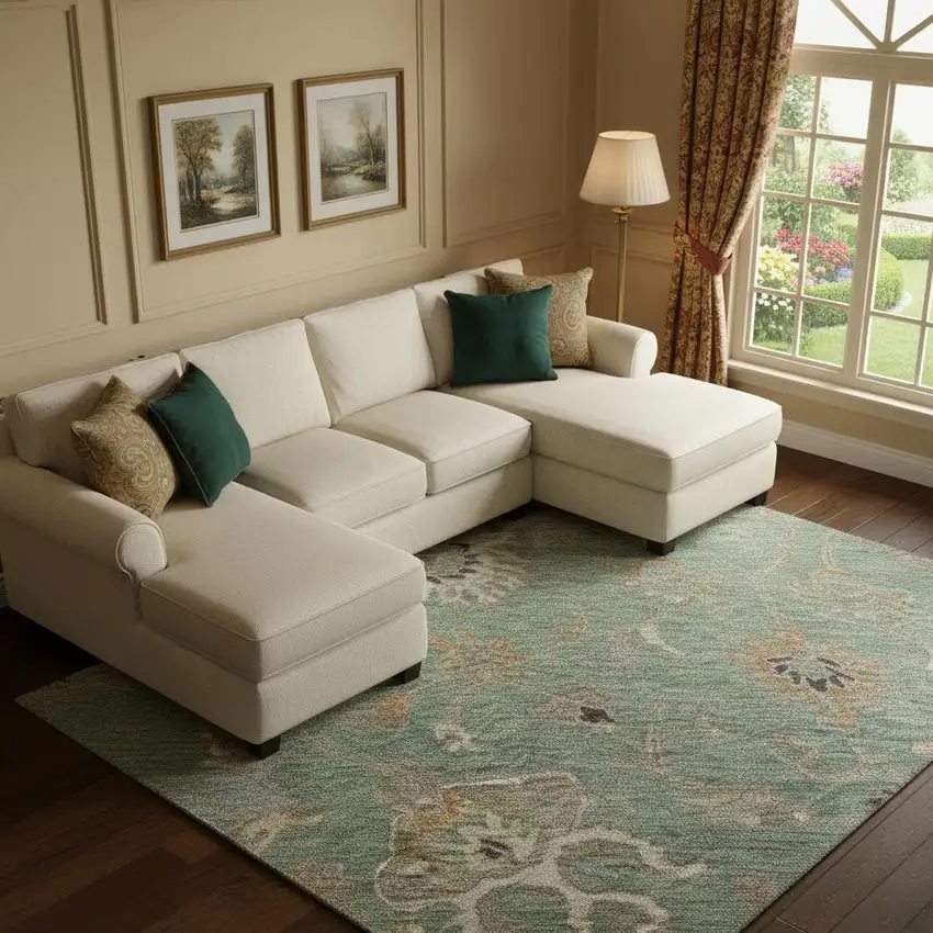 Artichoke Green Copper And Beige Floral Washable Area Rug With UV Protection Photo 2