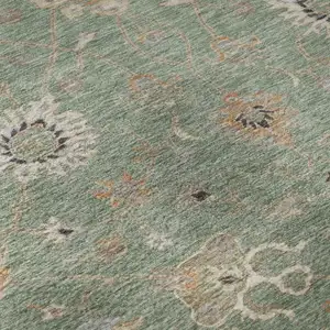 Photo of Artichoke Green Copper And Beige Floral Washable Area Rug With UV Protection