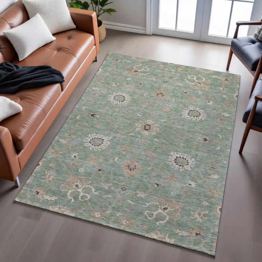 Artichoke Green Copper And Beige Floral Washable Area Rug With UV Protection Photo 5