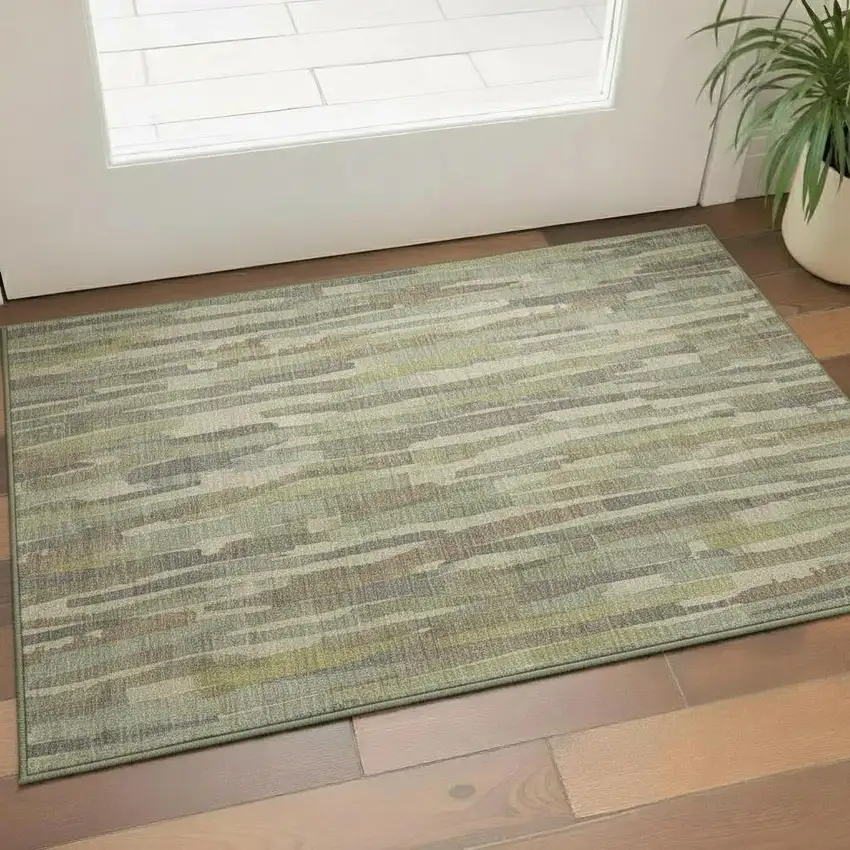 Artichoke Green Copper And Beige Striped Washable Area Rug With UV Protection Photo 2