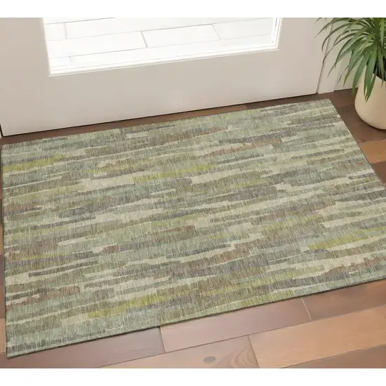 Artichoke Green Copper And Beige Striped Washable Area Rug With UV Protection Photo 1