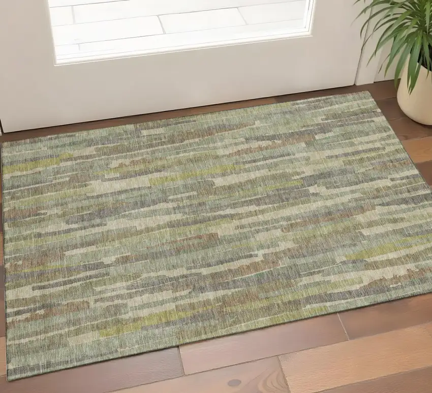 Artichoke Green Copper And Beige Striped Washable Area Rug With UV Protection Photo 1