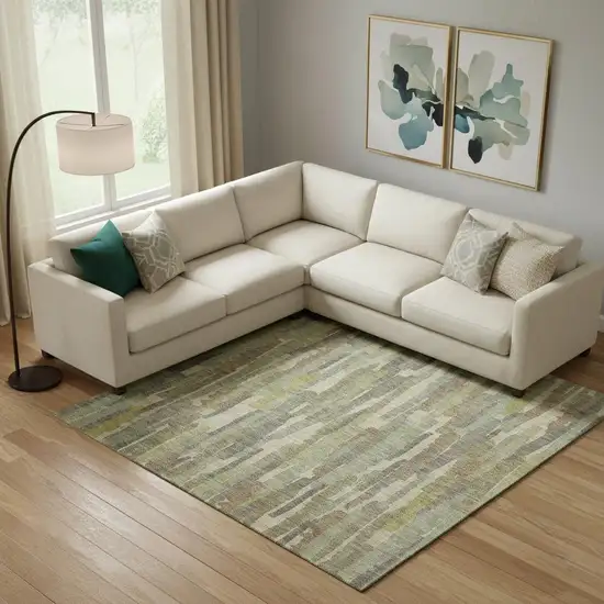 Artichoke Green Copper And Beige Striped Washable Area Rug With UV Protection Photo 2