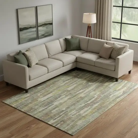 Artichoke Green Copper And Beige Striped Washable Area Rug With UV Protection Photo 2