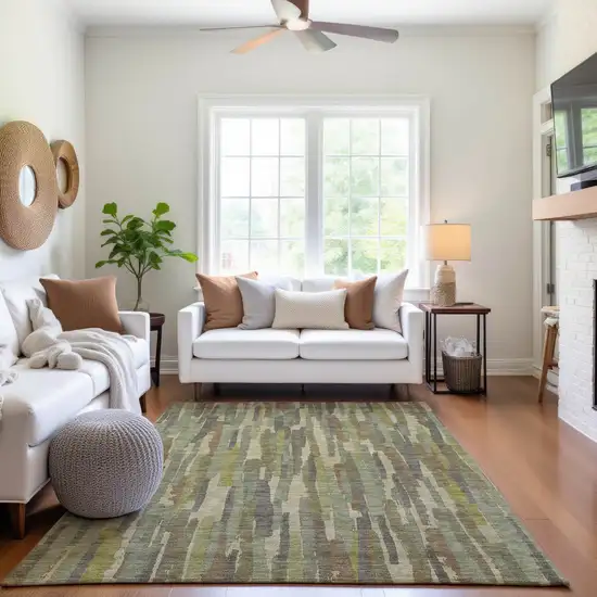 Artichoke Green Copper And Beige Striped Washable Area Rug With UV Protection Photo 4