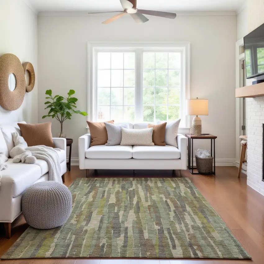 Artichoke Green Copper And Beige Striped Washable Area Rug With UV Protection Photo 4