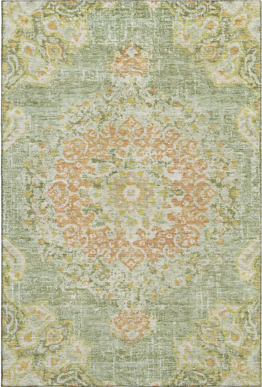 Artichoke Green Copper And Gold Floral Washable Area Rug With UV Protection Photo 1