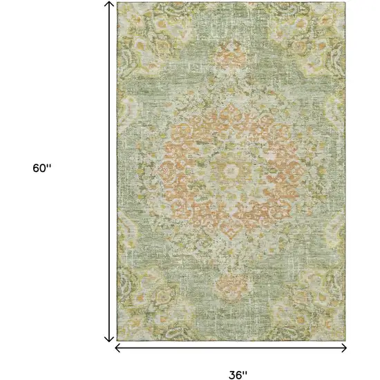Artichoke Green Copper And Gold Floral Washable Area Rug With UV Protection Photo 3