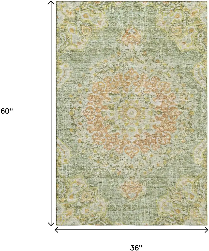 Artichoke Green Copper And Gold Floral Washable Area Rug With UV Protection Photo 3