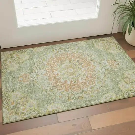 Artichoke Green Copper And Gold Floral Washable Area Rug With UV Protection Photo 2