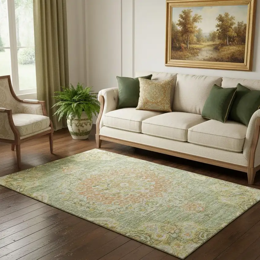 Artichoke Green Copper And Gold Floral Washable Area Rug With UV Protection Photo 2