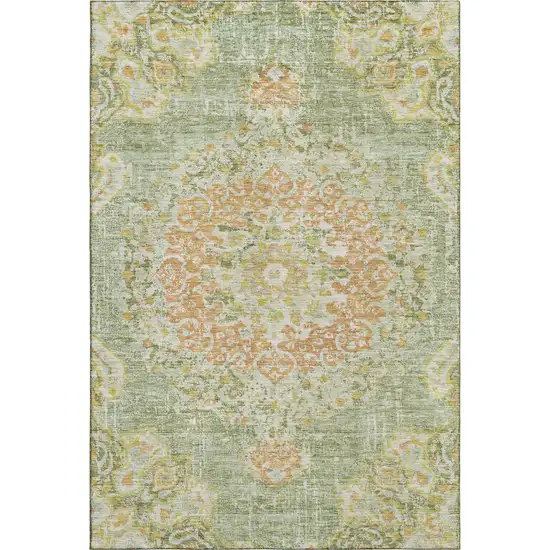 Artichoke Green Copper And Gold Floral Washable Area Rug With UV Protection Photo 1