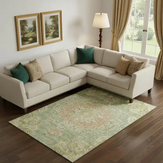 Artichoke Green Copper And Gold Floral Washable Area Rug With UV Protection Photo 2