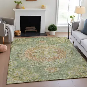 Photo of Artichoke Green Copper And Gold Floral Washable Area Rug With UV Protection