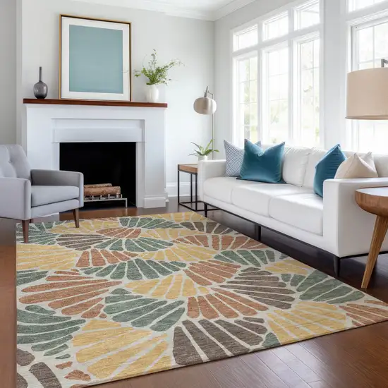 Artichoke Green Copper And Gold Floral Washable Indoor Outdoor Area Rug Photo 6