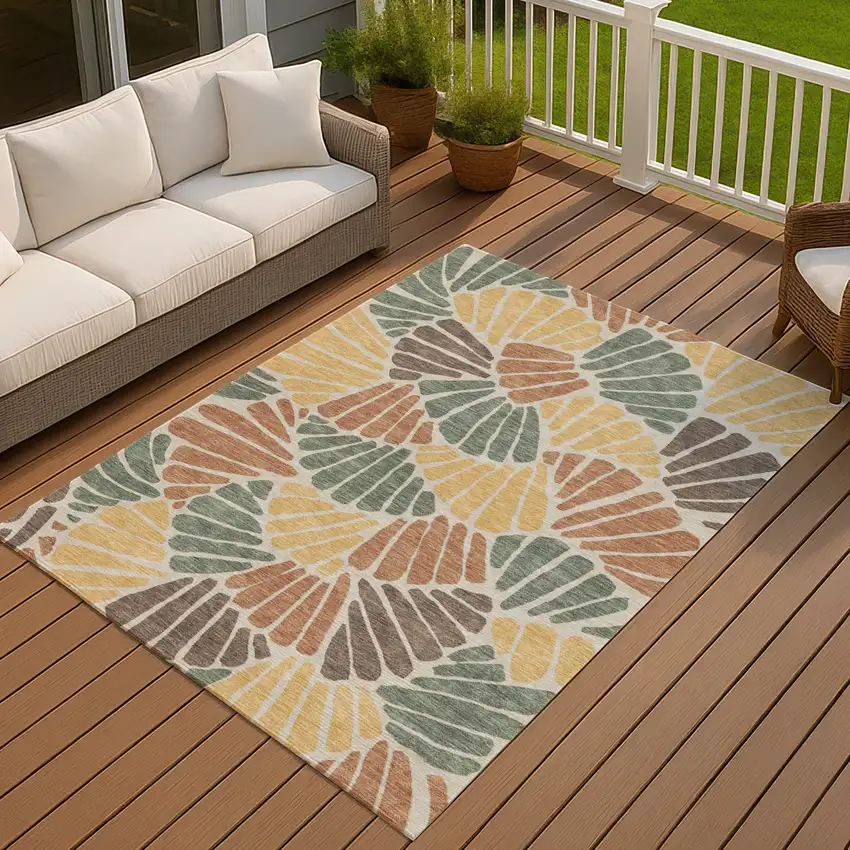 Artichoke Green Copper And Gold Floral Washable Indoor Outdoor Area Rug Photo 4