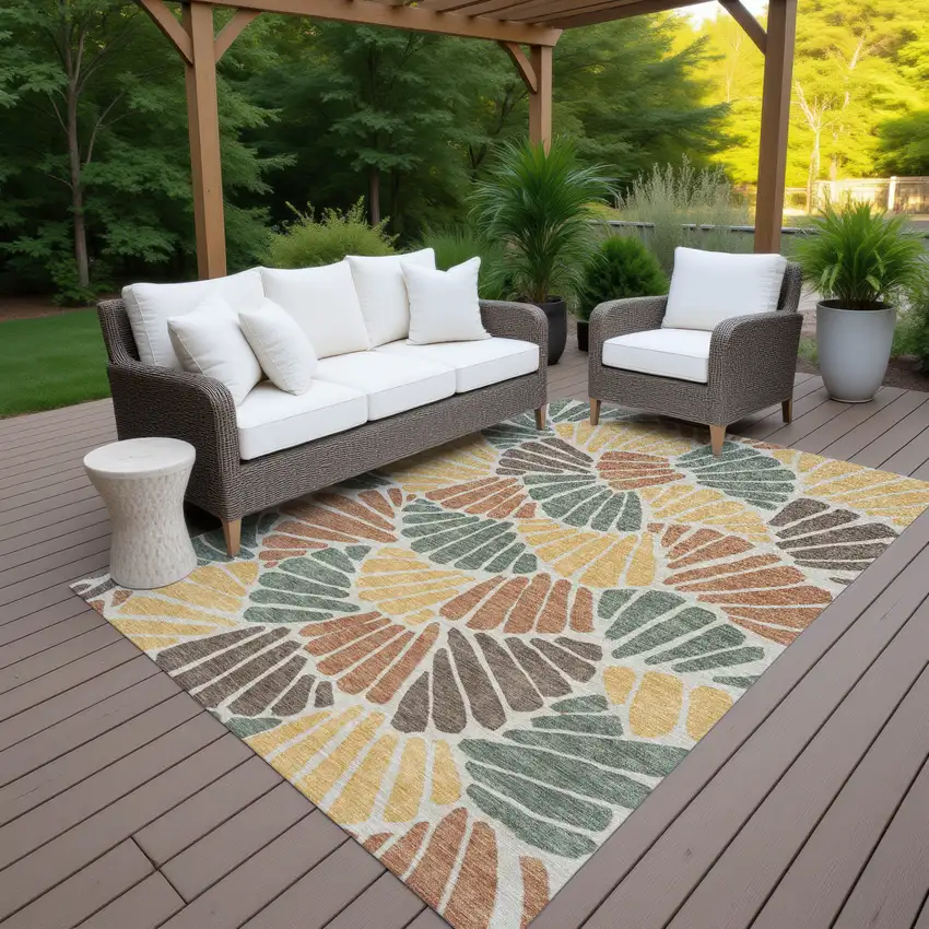 Artichoke Green Copper And Gold Floral Washable Indoor Outdoor Area Rug Photo 6
