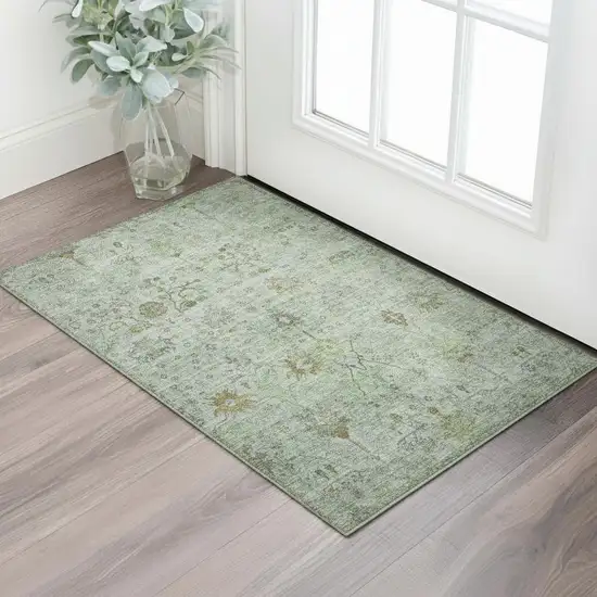 Artichoke Green Copper And Gray Oriental Washable Area Rug With UV Protection Photo 2