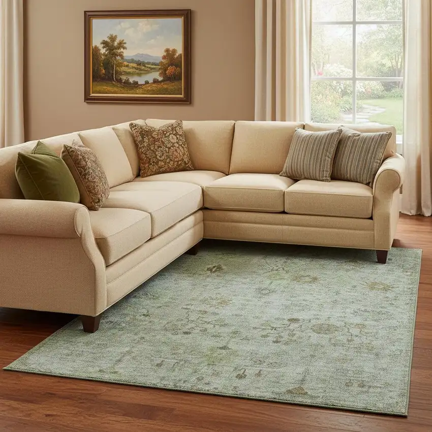 Artichoke Green Copper And Gray Oriental Washable Area Rug With UV Protection Photo 2