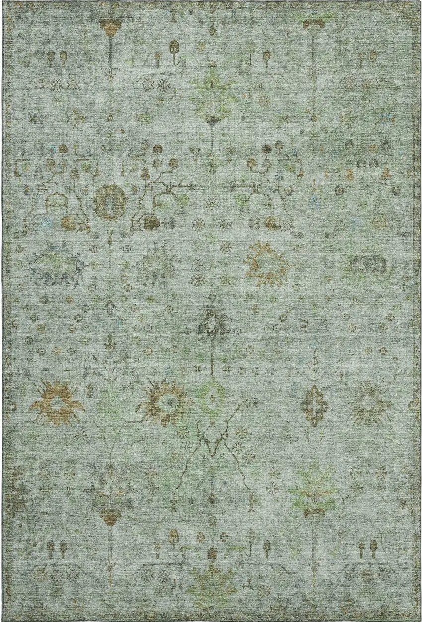 Artichoke Green Copper And Gray Oriental Washable Area Rug With UV Protection Photo 1