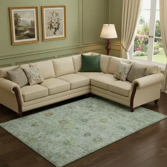 Artichoke Green Copper And Gray Oriental Washable Area Rug With UV Protection Photo 2