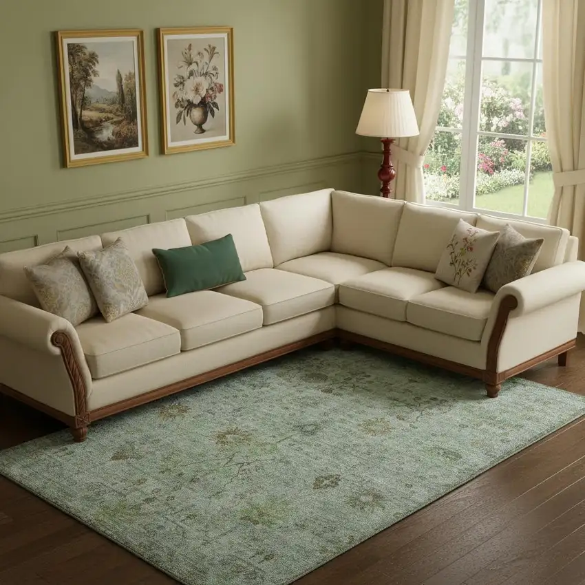 Artichoke Green Copper And Gray Oriental Washable Area Rug With UV Protection Photo 2