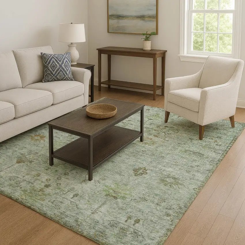 Artichoke Green Copper And Gray Oriental Washable Area Rug With UV Protection Photo 5