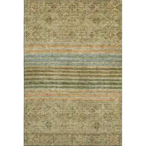 Photo of Artichoke Green Copper And Gray Striped Washable Area Rug With UV Protection
