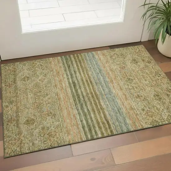 Artichoke Green Copper And Gray Striped Washable Area Rug With UV Protection Photo 2