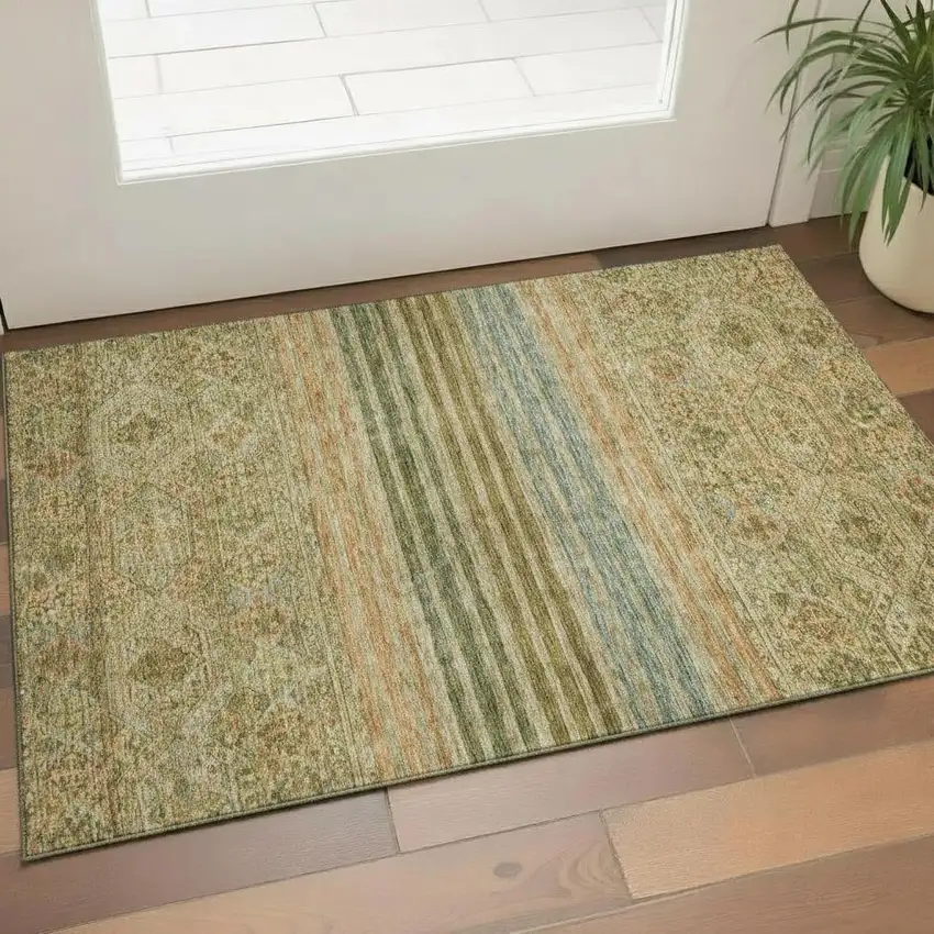Artichoke Green Copper And Gray Striped Washable Area Rug With UV Protection Photo 2