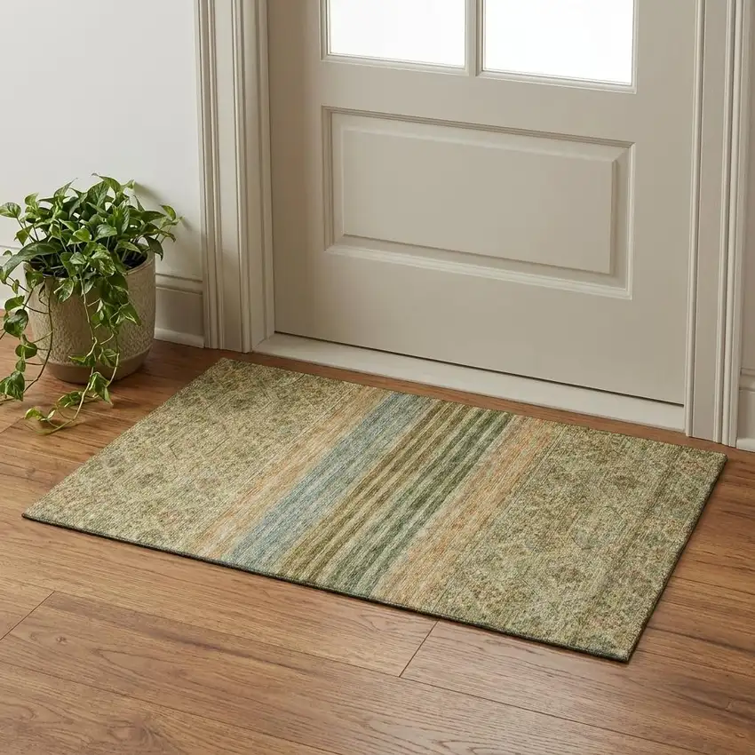Artichoke Green Copper And Gray Striped Washable Area Rug With UV Protection Photo 1