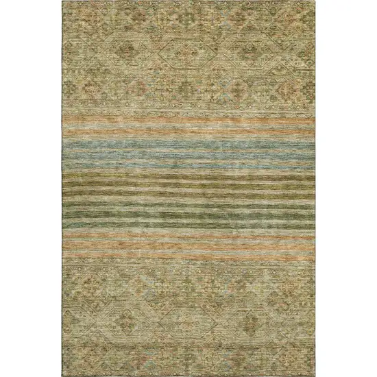 Artichoke Green Copper And Gray Striped Washable Area Rug With UV Protection Photo 1