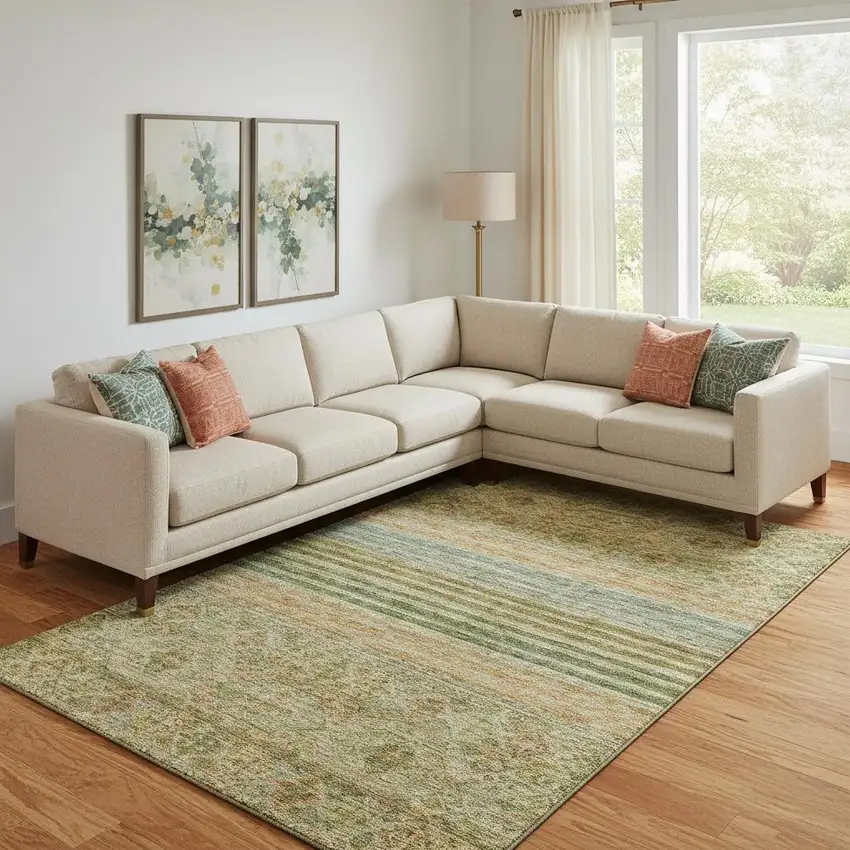 Artichoke Green Copper And Gray Striped Washable Area Rug With UV Protection Photo 2