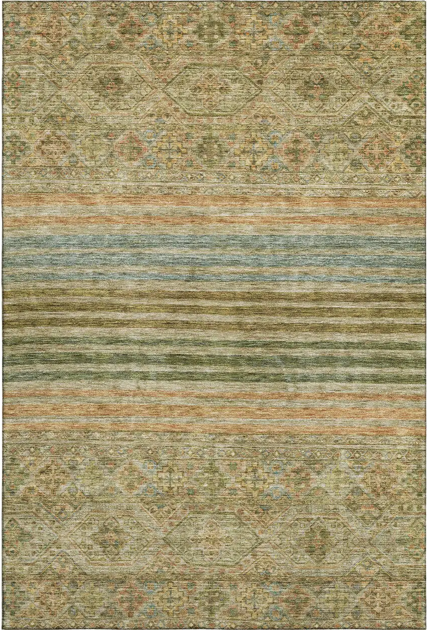 Artichoke Green Copper And Gray Striped Washable Area Rug With UV Protection Photo 1