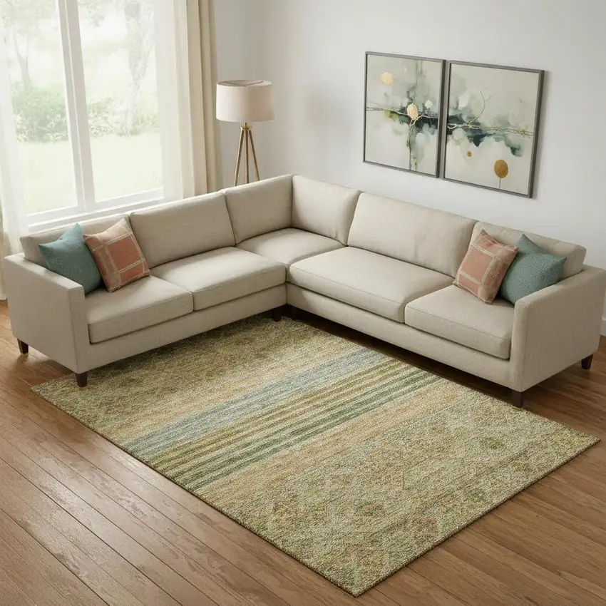 Artichoke Green Copper And Gray Striped Washable Area Rug With UV Protection Photo 2