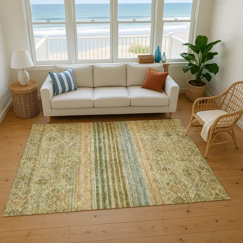 Artichoke Green Copper And Gray Striped Washable Area Rug With UV Protection Photo 5